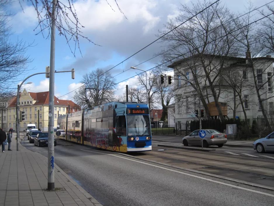 Rostock tram line 5 with low-floor articulated tram 687 on Rosa-Luxemburg-Straße (2015)