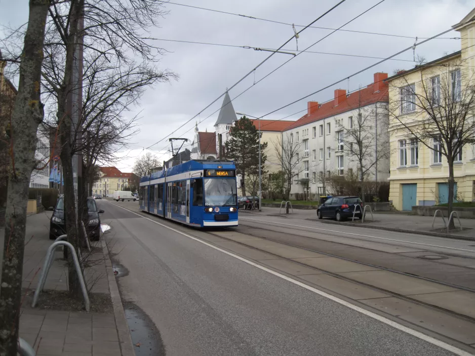 Rostock tram line 6 with low-floor articulated tram 664 near Paulstr. (2015)