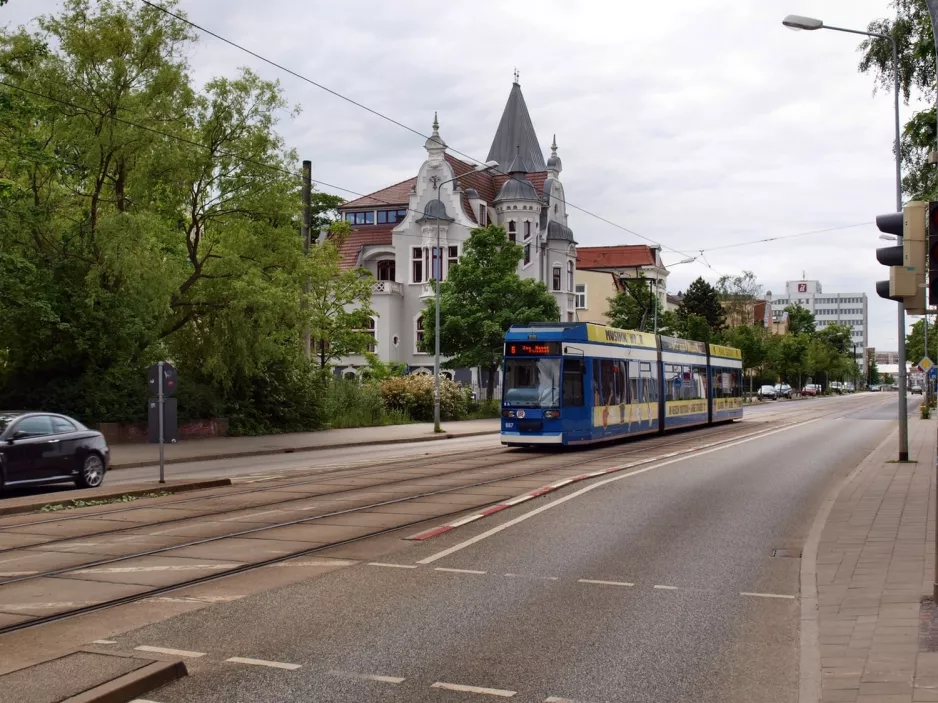 Rostock tram line 6 with low-floor articulated tram 667 on Rosa-Luxemburg-Straße (2010)