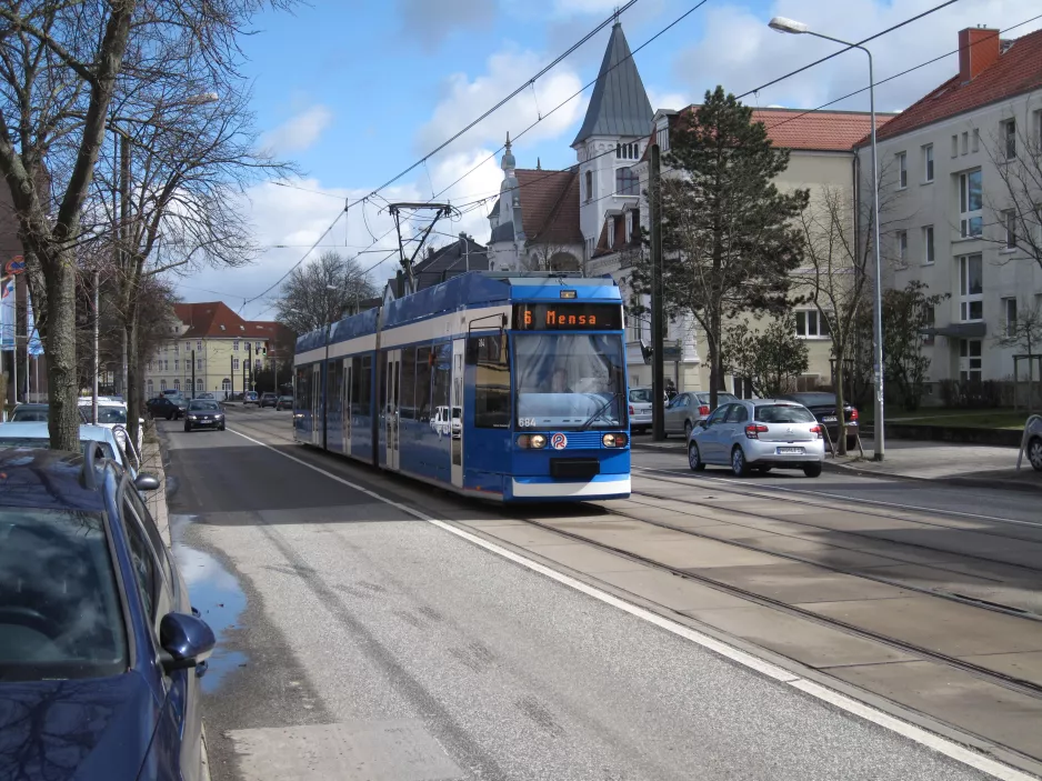 Rostock tram line 6 with low-floor articulated tram 684 on Friedrich-Engels-Platz (2015)