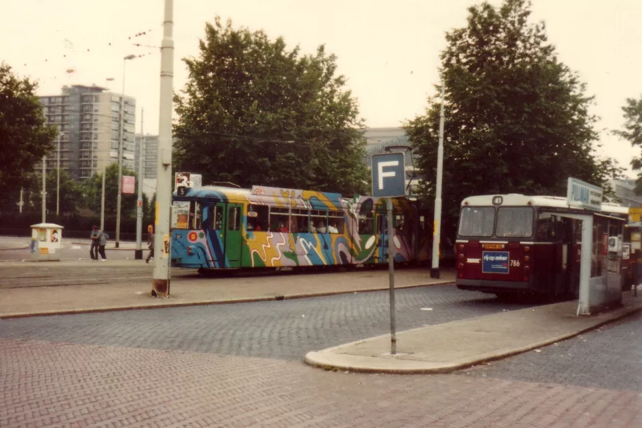 Rotterdam tram line 5 with articulated tram 360 at Rotterdam Centraal Stationsplein (1981)
