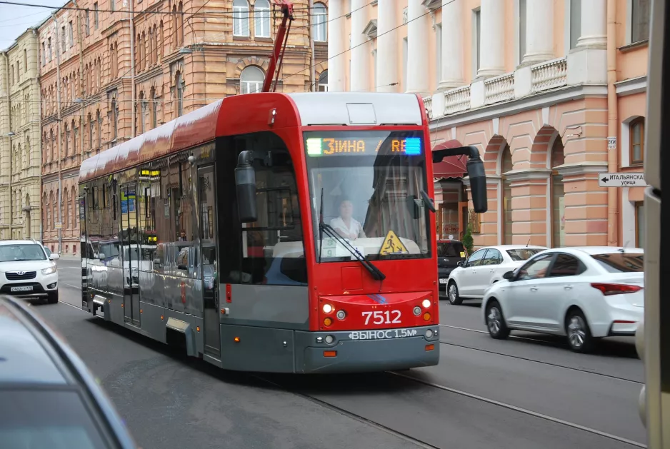 Saint Petersburg tram line 3 with railcar 7512 on Ulitsa Komsomola (2018)