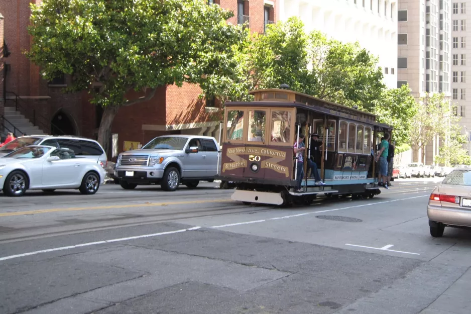 San Francisco cable car California with cable car 50 on California Street, seen from behind (2010)