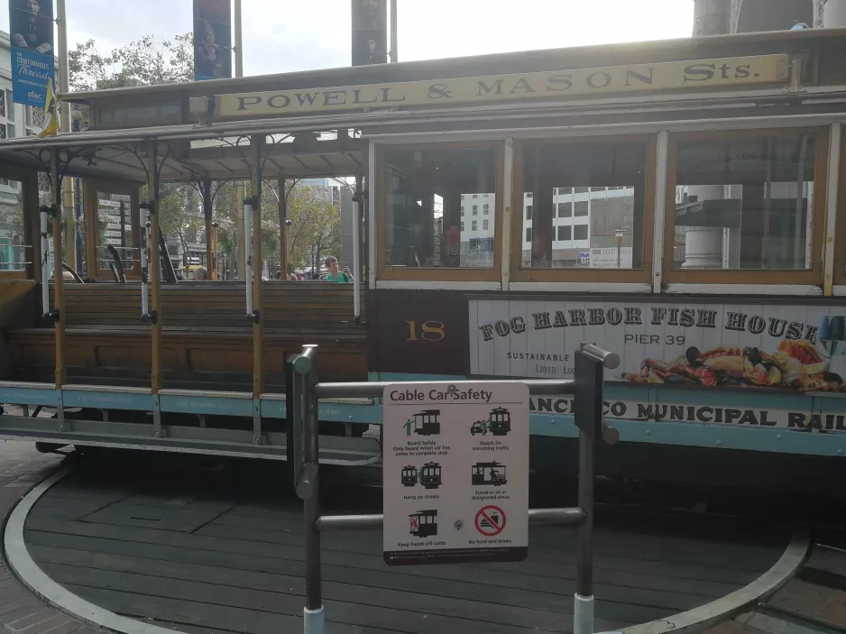 San Francisco cable car Powell-Mason with cable car 18 at Powell & Market (2019)