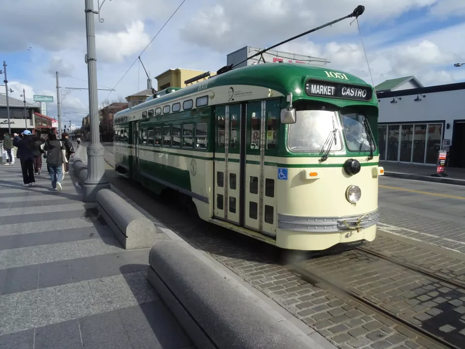 San Francisco F-Market & Wharves with railcar 1051 at Jefferson & Taylor (2023)