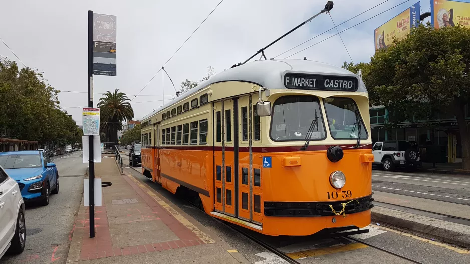 San Francisco F-Market & Wharves with railcar 1059 at Market Street & Noe Street (2021)