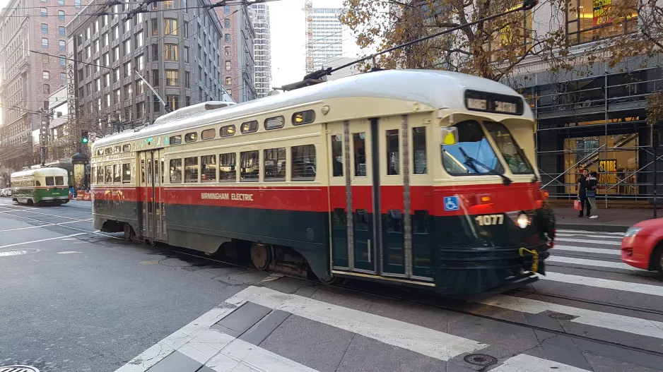 San Francisco F-Market & Wharves with railcar 1077 near Market & Stockton (2019)