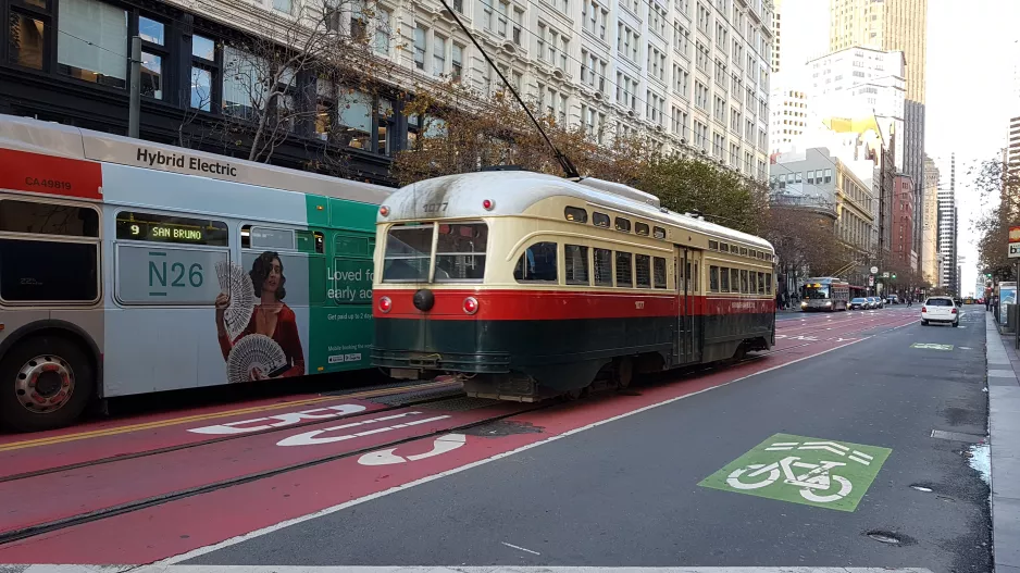 San Francisco F-Market & Wharves with railcar 1077 on Market Street, seen from behind (2019)