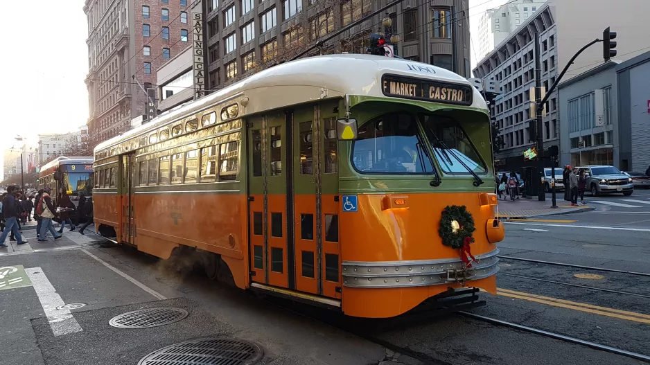 San Francisco F-Market & Wharves with railcar 1080 near Market & Stockton (2019)