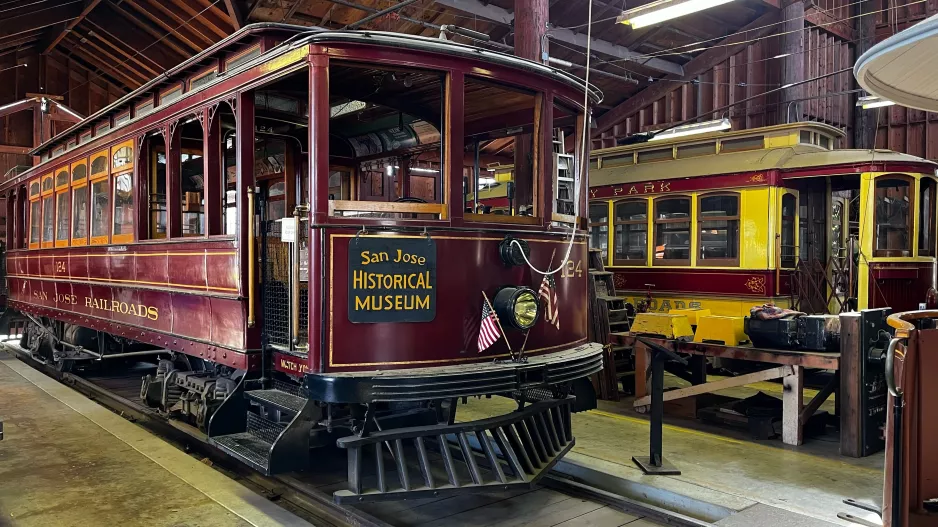 San Jose railcar 124 inside Trolley Barn (2022)