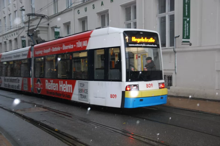 Schwerin tram line 1 with low-floor articulated tram 809 close by Marienplatz (2012)