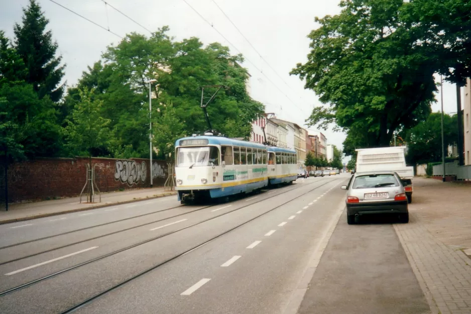 Schwerin tram line 1 with railcar 108 on Heinrich Seidel Straße (2001)