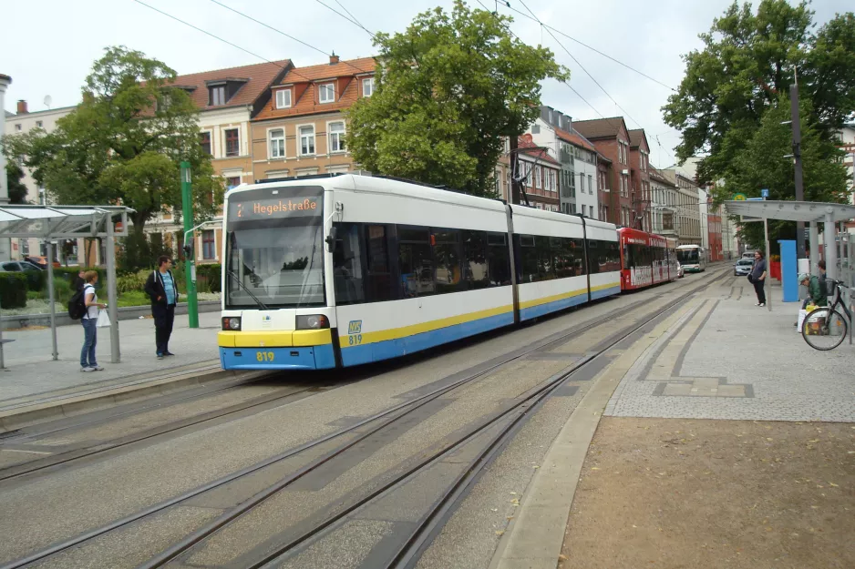 Schwerin tram line 2 with low-floor articulated tram 819 at Platz der Jugend (2015)