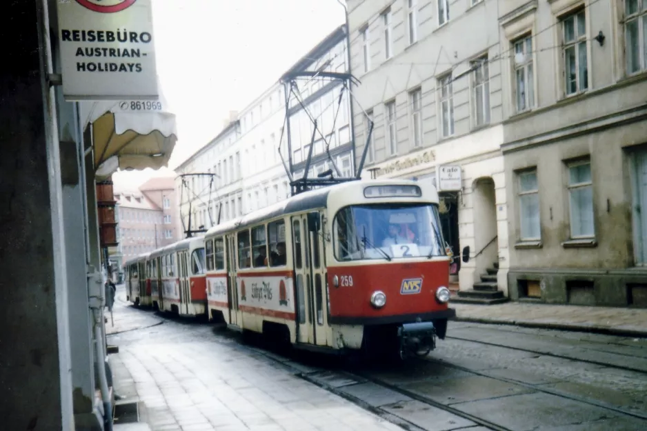 Schwerin tram line 2 with railcar 259 near Marienplatz (1994)