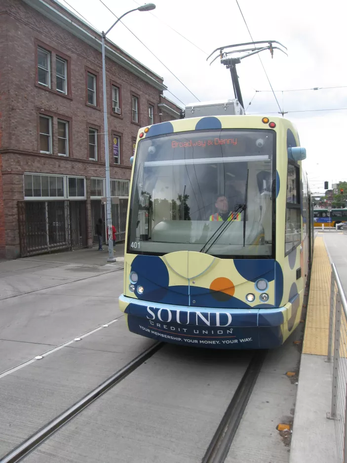Seattle South Lake Union with low-floor articulated tram 401 at S Jackson St & 5th Ave S (2016)