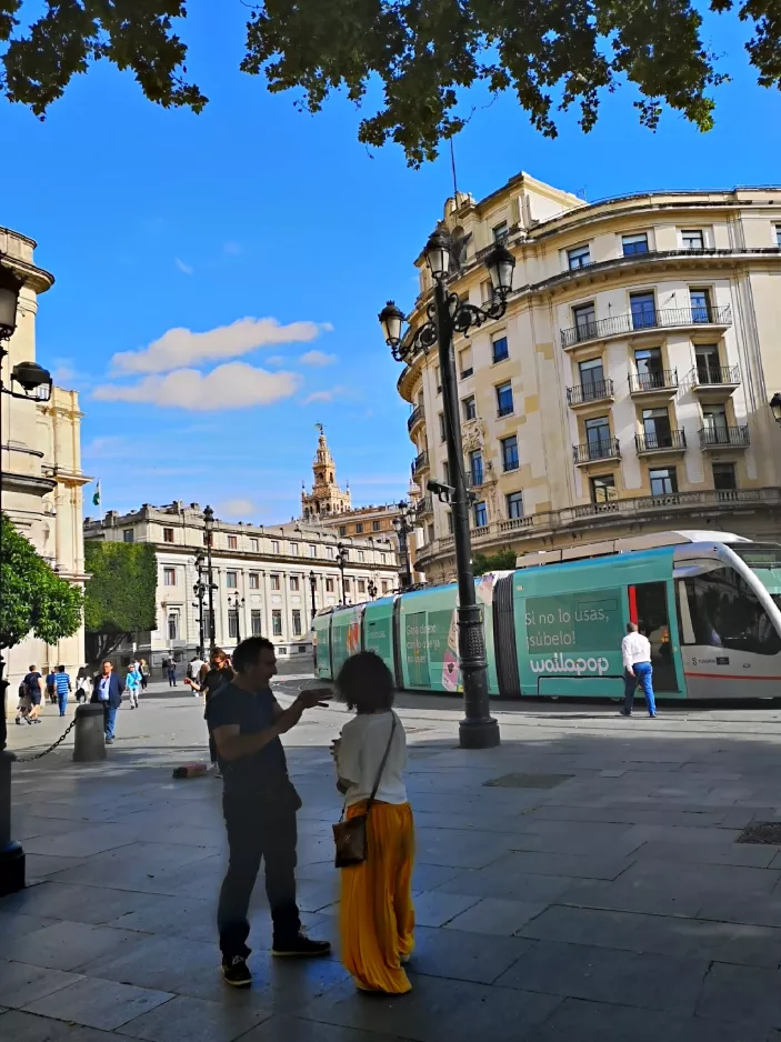 Seville tram line T1 on Plaza Nueva (2023)