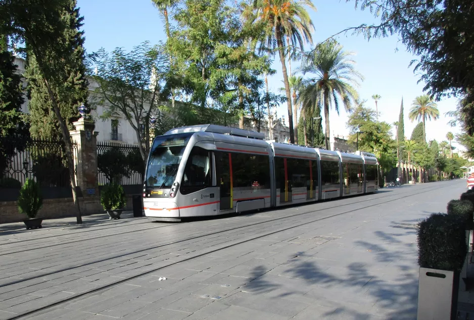 Seville tram line T1 with low-floor articulated tram 302 on Calle San Fernando (2017)