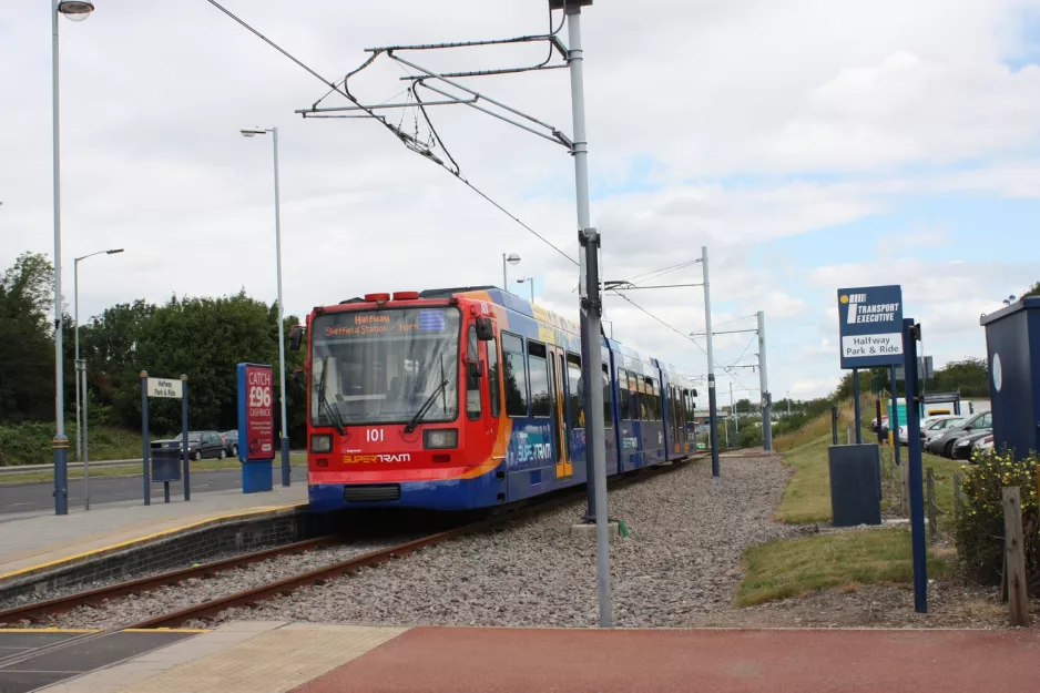 Sheffield tram line Blue with low-floor articulated tram 101 at Halfway (2011)