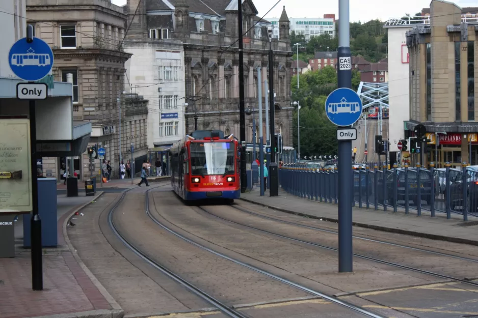 Sheffield tram line Blue with low-floor articulated tram 116 on Commercial Road (2011)