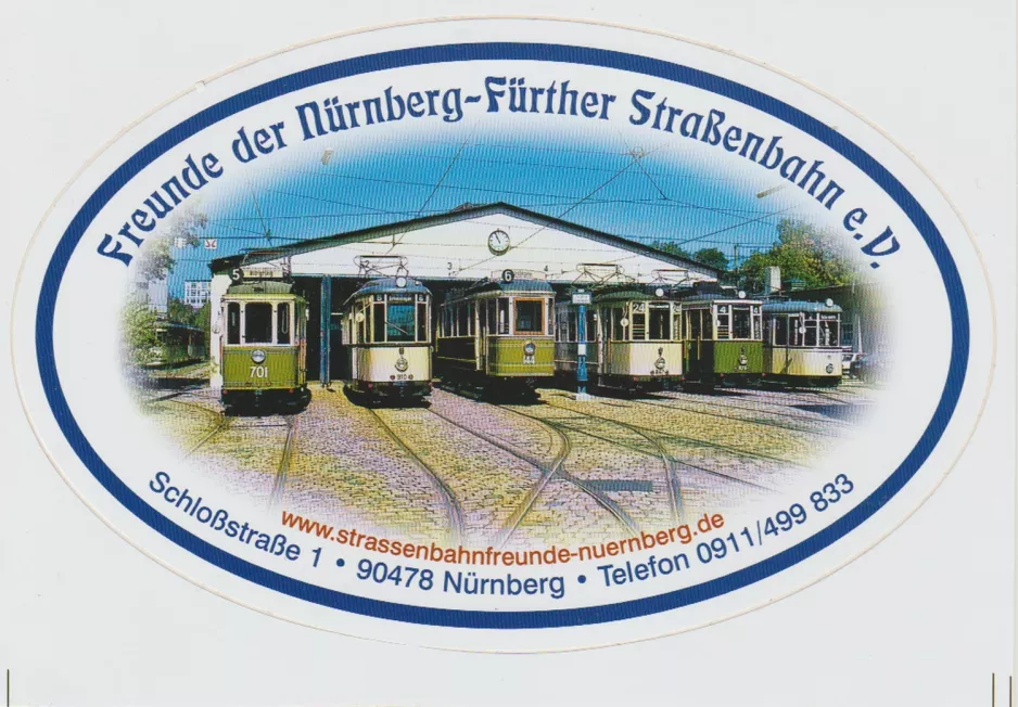 Sign: Nuremberg railcar 701 in front of Historische Straßenbahndepot St. Peter (2008)