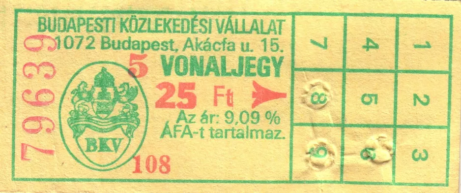 Single ticket for Budapesti Közlekedési Vállalat (BKV), the front (1994)