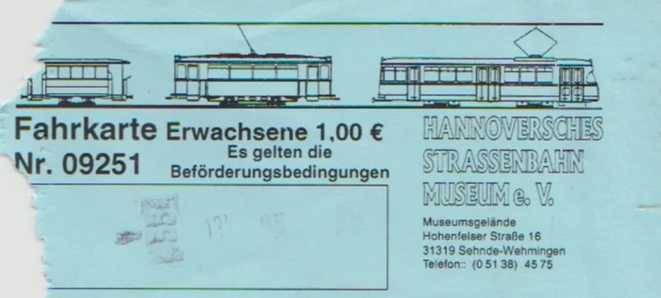 Single ticket for Hannoversches Straßenbahn-Museum (HSM) (2016)