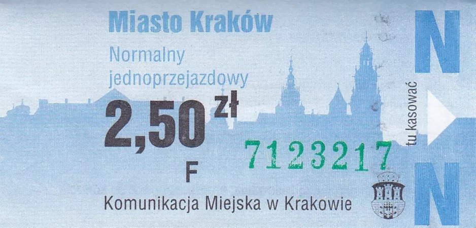 Single ticket for Miejskie Przedsiębiorstwo Komunikacyjne w Krakowie (MPK Kraków), the front (2011)