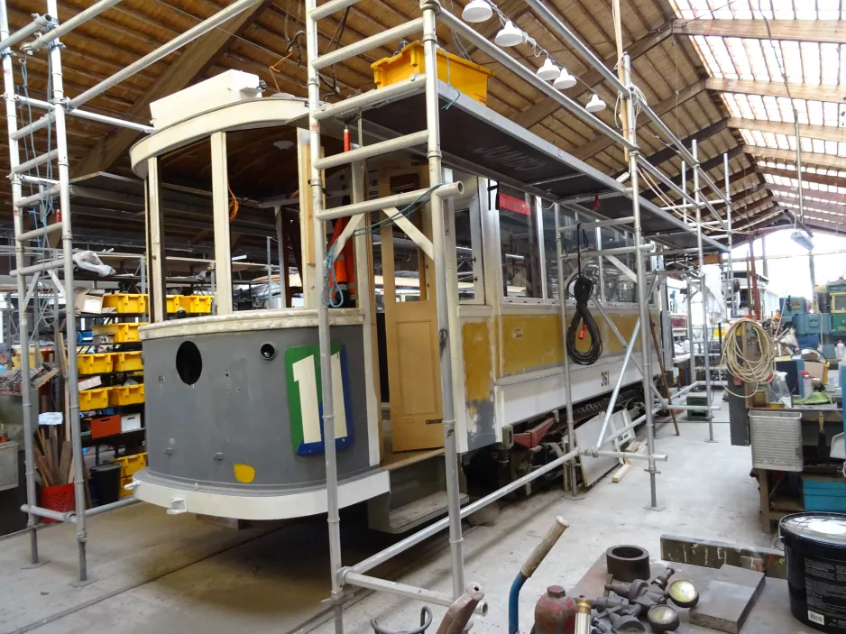 Skjoldenæsholm railcar 361 during restoration The tram museum (2022)