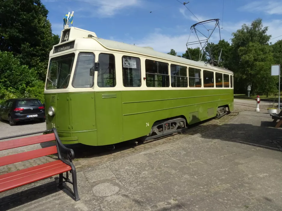 Skjoldenæsholm standard gauge with railcar 74 in front of The tram museum (2022)