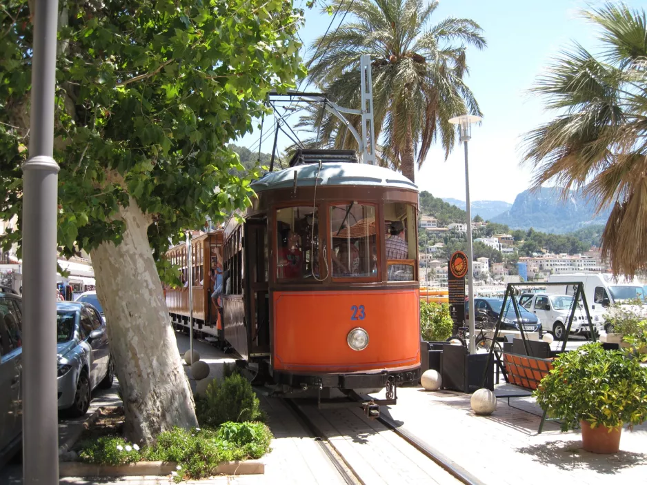 Sóller tram line with railcar 23 on Carrer de la Marina (2013)