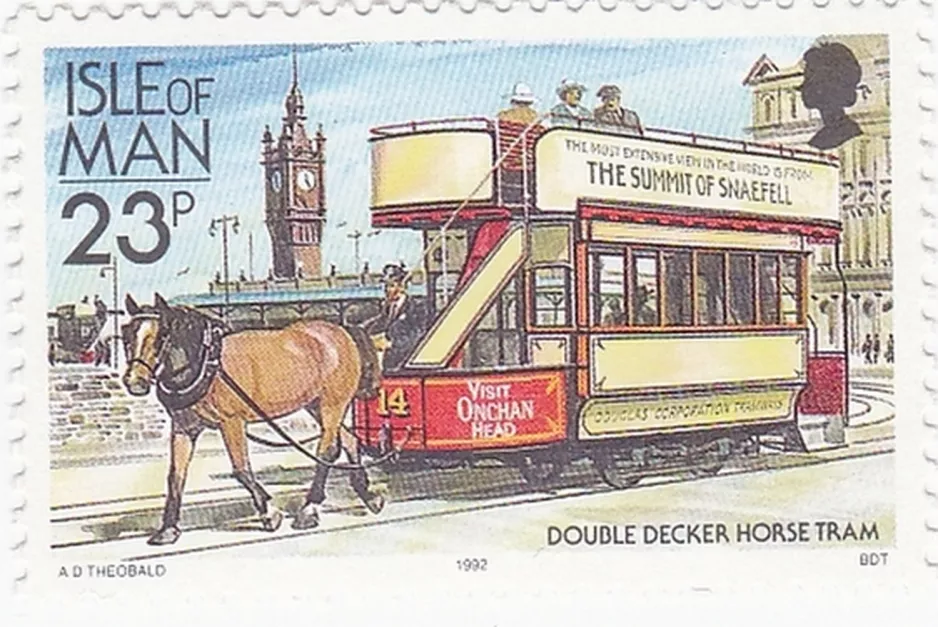 Stamp: Douglas, Isle of Man Horse Drawn Trams with open bilevel horse-drawn tram 14 on Harris Promenade (1992)