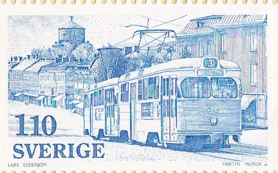 Stamp: Gothenburg tram line 3 with railcar 546 on Redbergsvägen (1977)