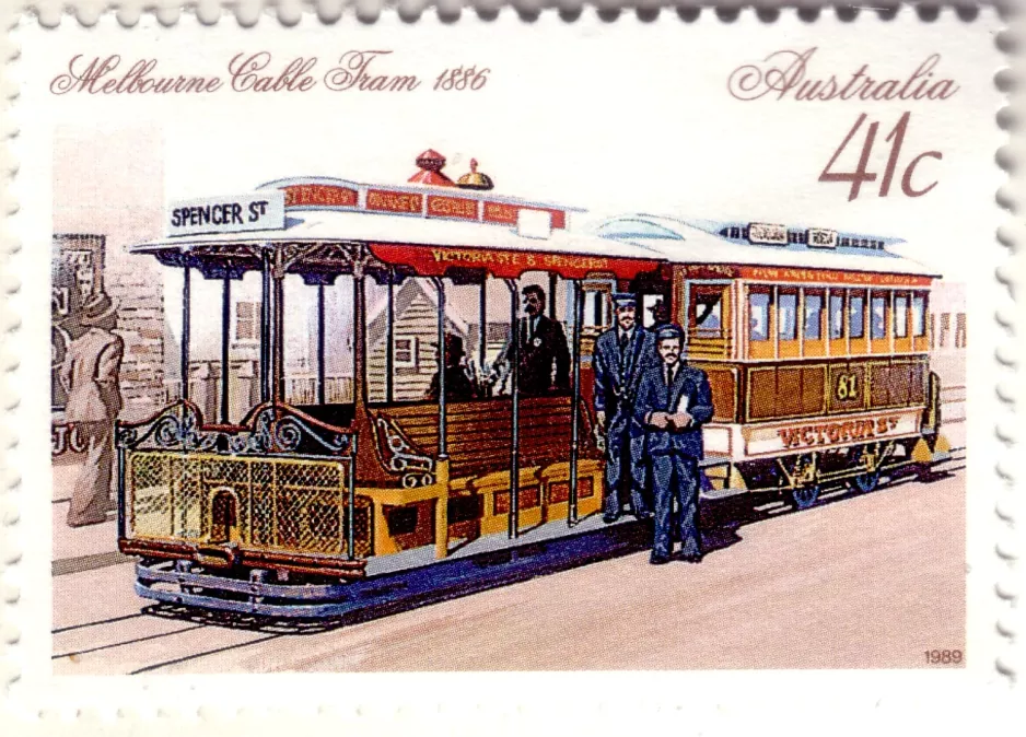 Stamp: Melbourne funicular Victoria Bridge Line with cable car 81 (1989)