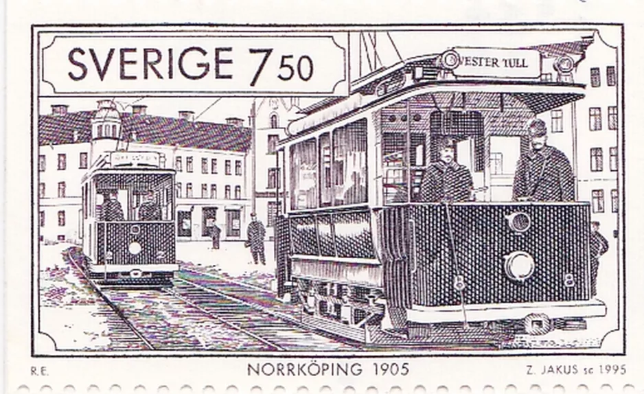 Stamp: Norrköping railcar 2 on Stortorget (1995)