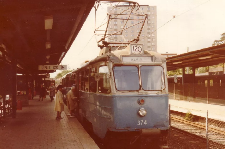 Stockholm tram line 12 Nockebybanan with railcar 374 "Lappland" at Alvik (1980)