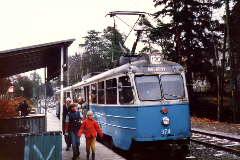 Stockholm tram line 12 Nockebybanan with railcar 374 "Lappland" at Nockeby (1984)