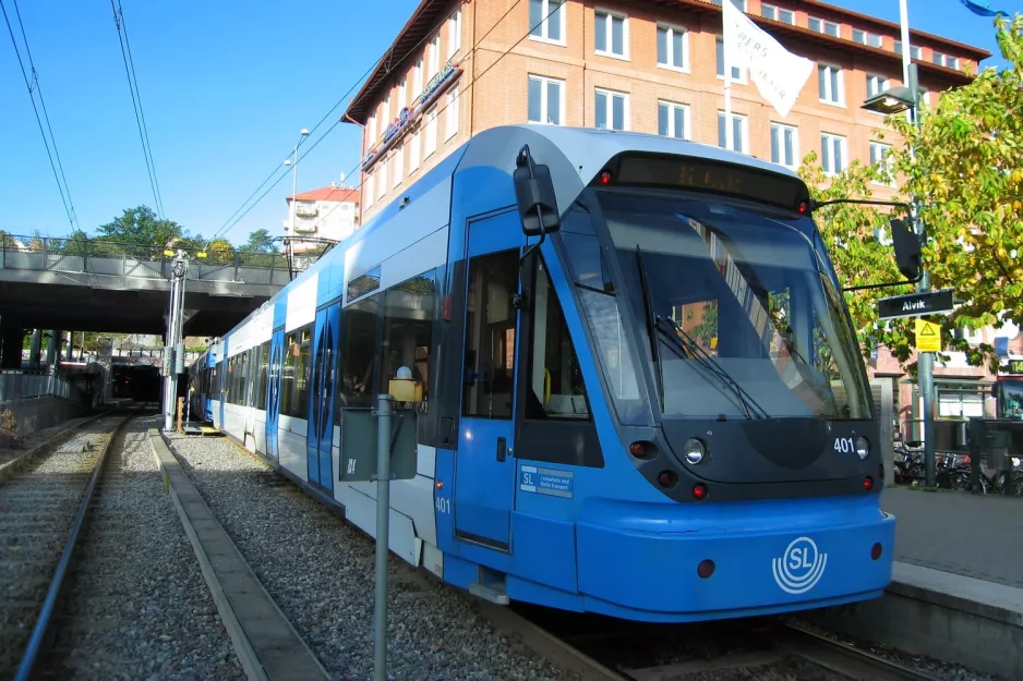 Stockholm tram line 30 Tvärbanan with low-floor articulated tram 401 at Alvik (2011)