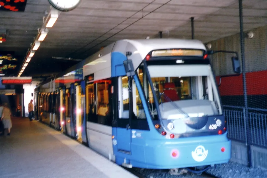 Stockholm tram line 30 Tvärbanan with low-floor articulated tram 420 at Gullmarsplan (2005)