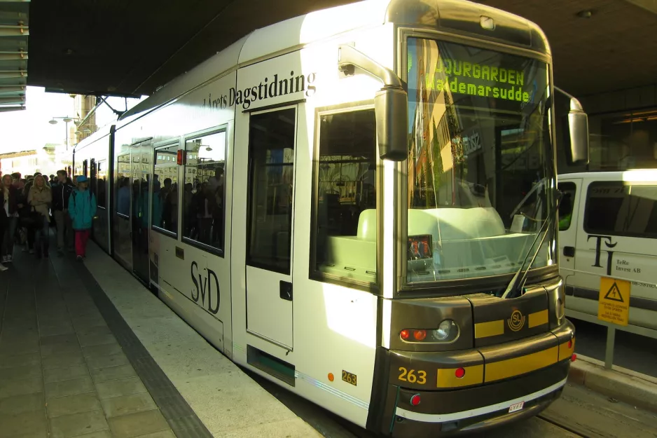 Stockholm tram line 7S Spårväg City with low-floor articulated tram 263 at Sergels torg (2011)