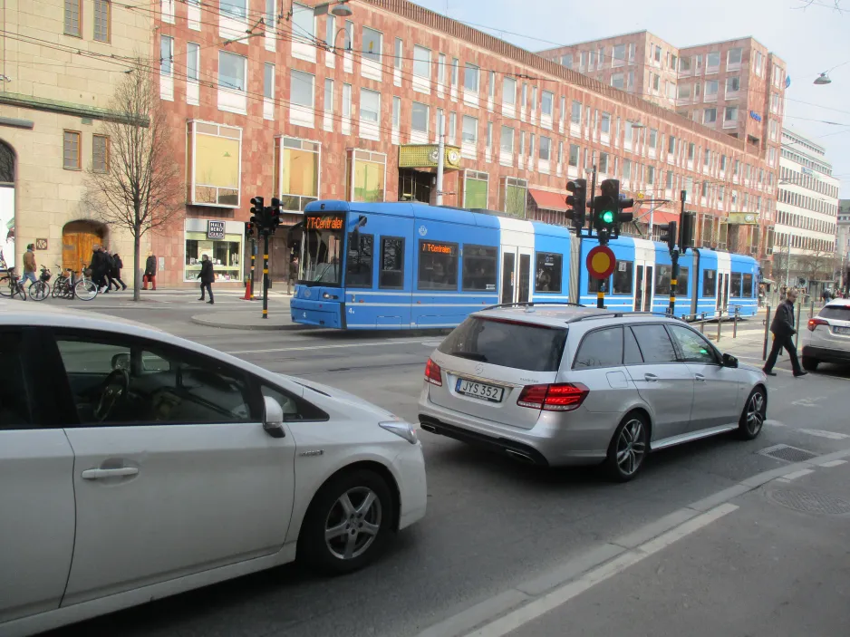 Stockholm tram line 7S Spårväg City with low-floor articulated tram 4 close by Kungsträdgården (2019)