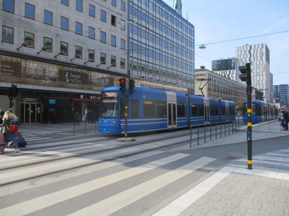 Stockholm tram line 7S Spårväg City with low-floor articulated tram 4 on Sergels Torv (2019)