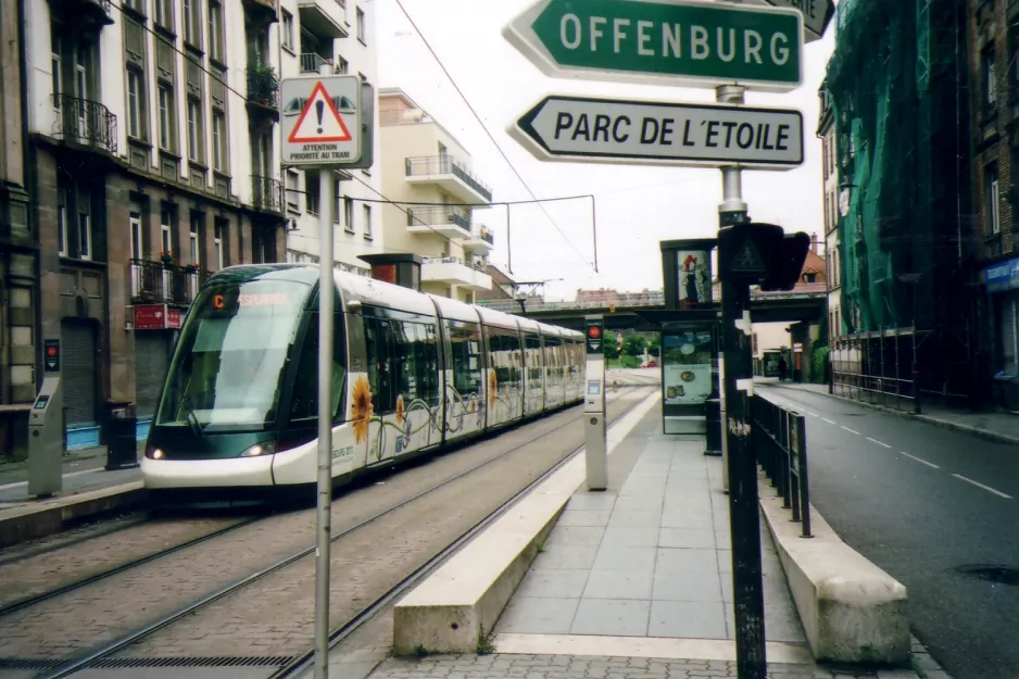 Strasbourg tram line C with low-floor articulated tram 2027 at Laiterie (2007)