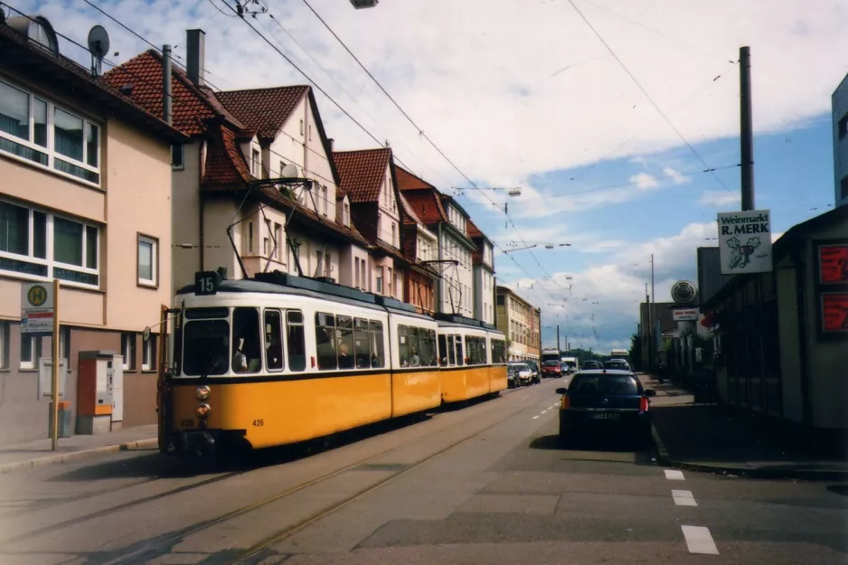 Stuttgart tram line 15 with articulated tram 426 at Salzwiesenstraße, Straßenbahnmuseum Zuffenhausen (2007)