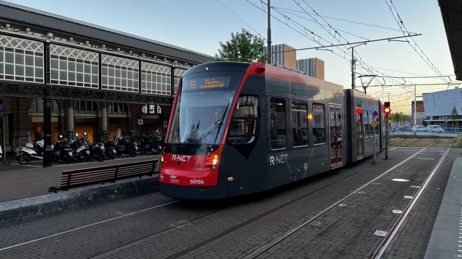 The Hague tram line 11 with low-floor articulated tram 5015 on Stationsplein (2022)