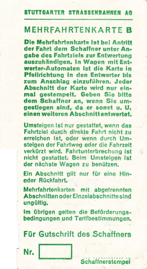 Ticket coupon for Stuttgarter Straßenbahnen (SSB), the back (1970)