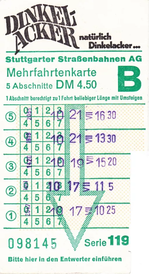 Ticket coupon for Stuttgarter Straßenbahnen (SSB), the front (1970)
