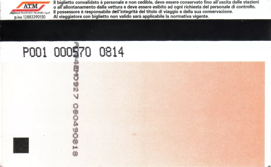 Tourist card for Azienda Trasporti Milanesi (ATM), the back (2009)
