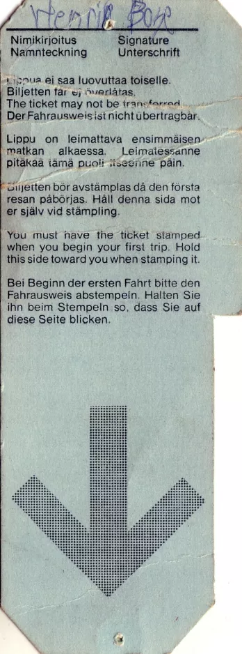 Tourist card for Kaupunkiliikenne / Stadstrafik, the back (1980)