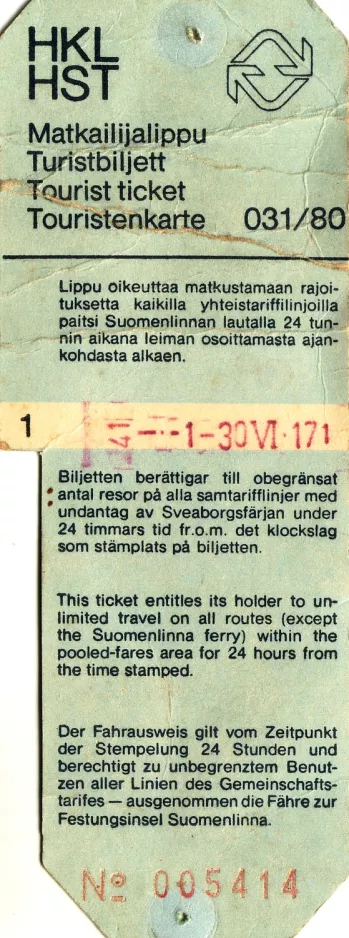 Tourist card for Kaupunkiliikenne / Stadstrafik, the front (1980)