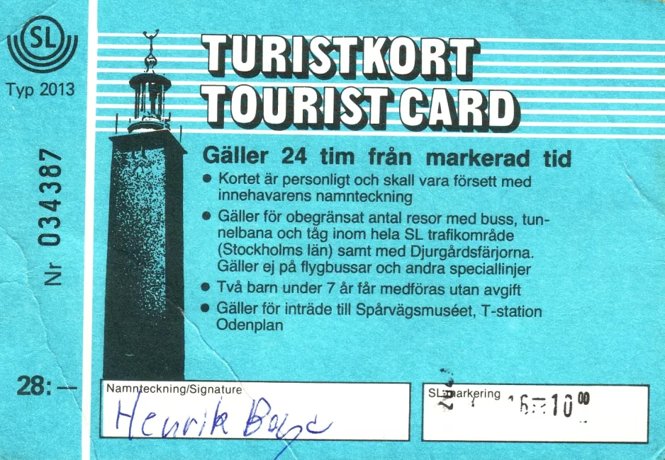 Tourist card for Storstockholms Lokaltrafik (SL), the front (1984)